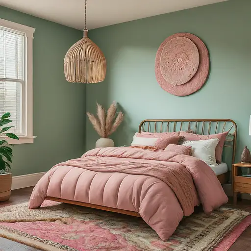  pink and green boho-vibe bedroom