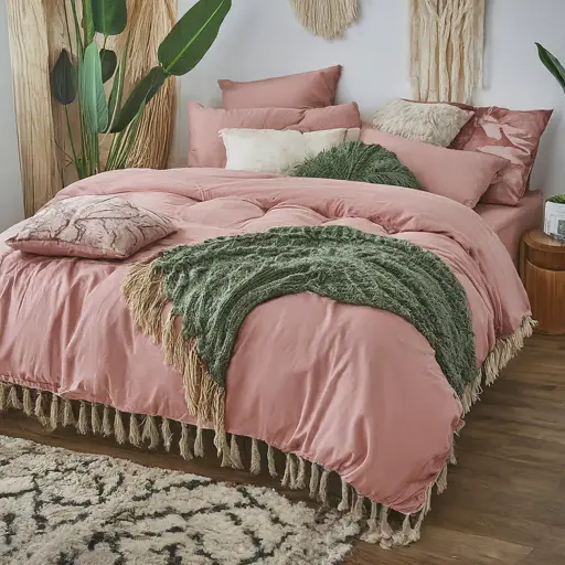  pink and green boho-vibe bedroom