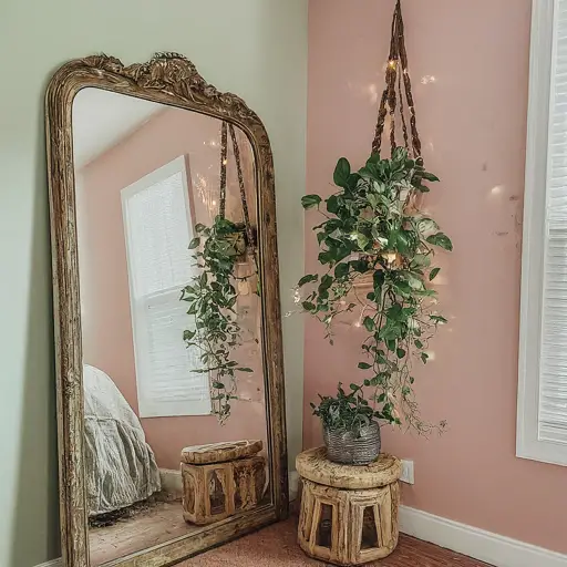  pink and green boho-vibe bedroom